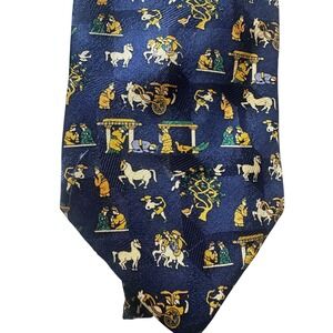 Lanbo Necktie Men Blue Chariot Horse Asian Ancient Silk Novelty Designer Tie